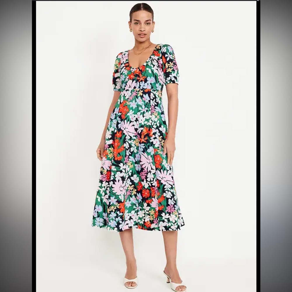 Old Navy Black Floral Midi Dress with Green, Pink & Red Accents XL